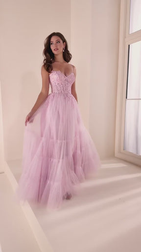 Embroidered Corset Tiered Shimmer Tulle Ballgown