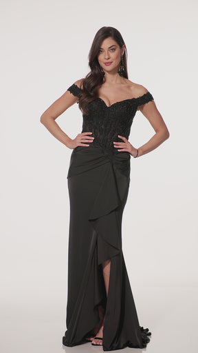 Beaded Bodice Off Shoulder Gown with Cascading Ruffle