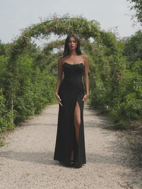 Strapless Beaded Corset Dress with Wrap-Over Skirt