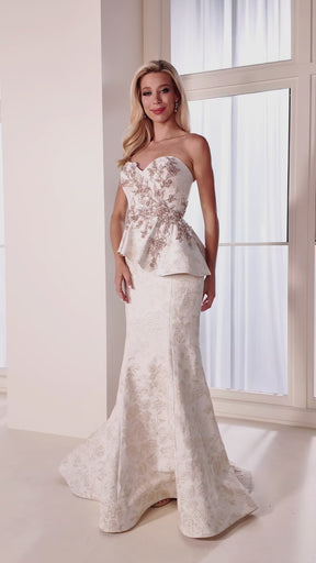 Brocade Strapless Mermaid Gown With Beaded Peplum Bodice