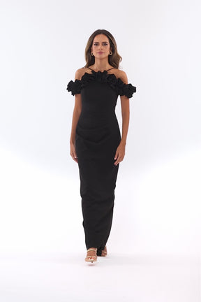 Tyla Ruffle Off Shoulder Crepe Gown