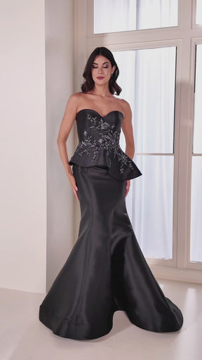 Mikado Strapless Beaded Applique Mermaid Gown With Peplum Bodice