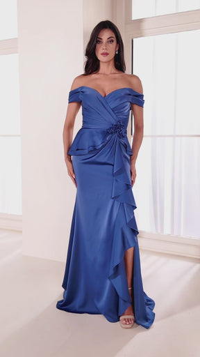 Off Shoulder Sweetheart Stretch Sateen Gown with Rosette Detail
