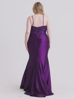 Curvy Beaded & Pleated V-Neck Stretch Satin Gown