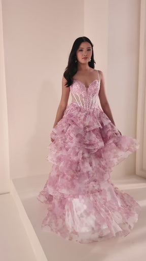 Floral Printed Mesh Bodice Layered Ball Gown