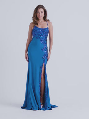 Strappy Back Sequin Applique Mermaid Gown