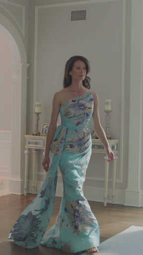 Floral Organza Jacquard Sculpted One Shoulder Gown