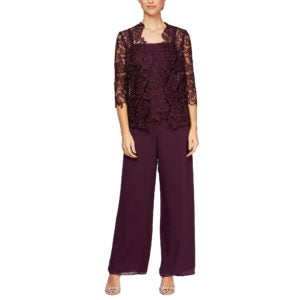 Alex Evenings 3 Piece Pantsuit With Lace Twinset deep plumb