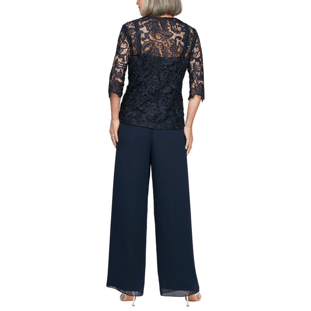 Alex Evenings 3 Piece Pantsuit With Lace Twinset navy back