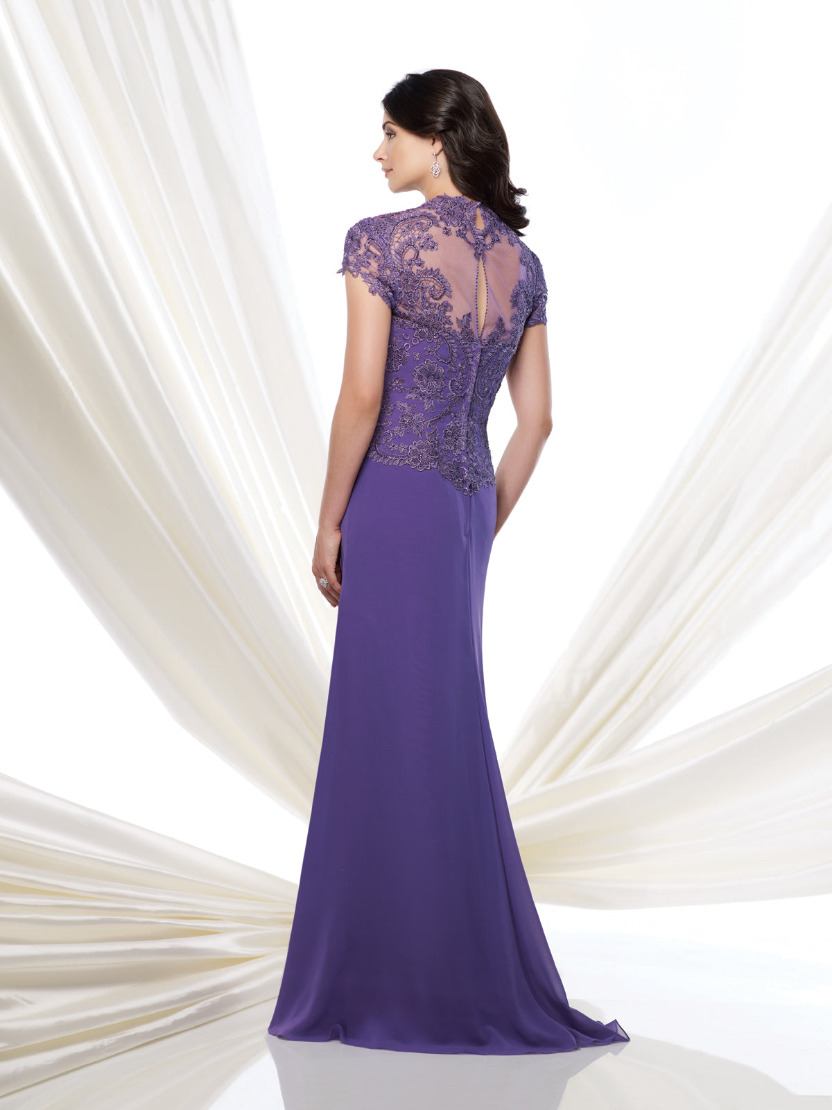 Beaded Bodice Side Drape Short Sleeve Gown