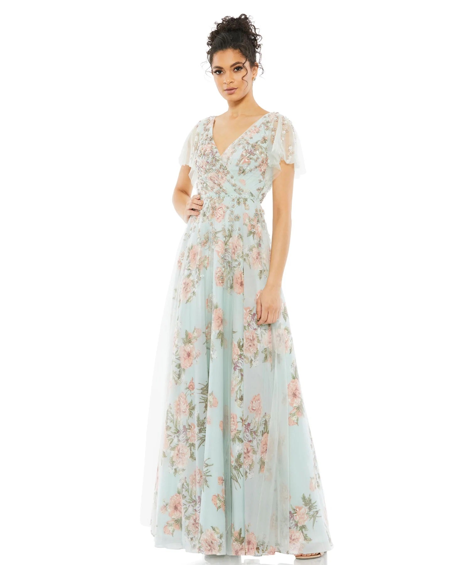 Beaded Floral Flutter Sleeve Long Dress