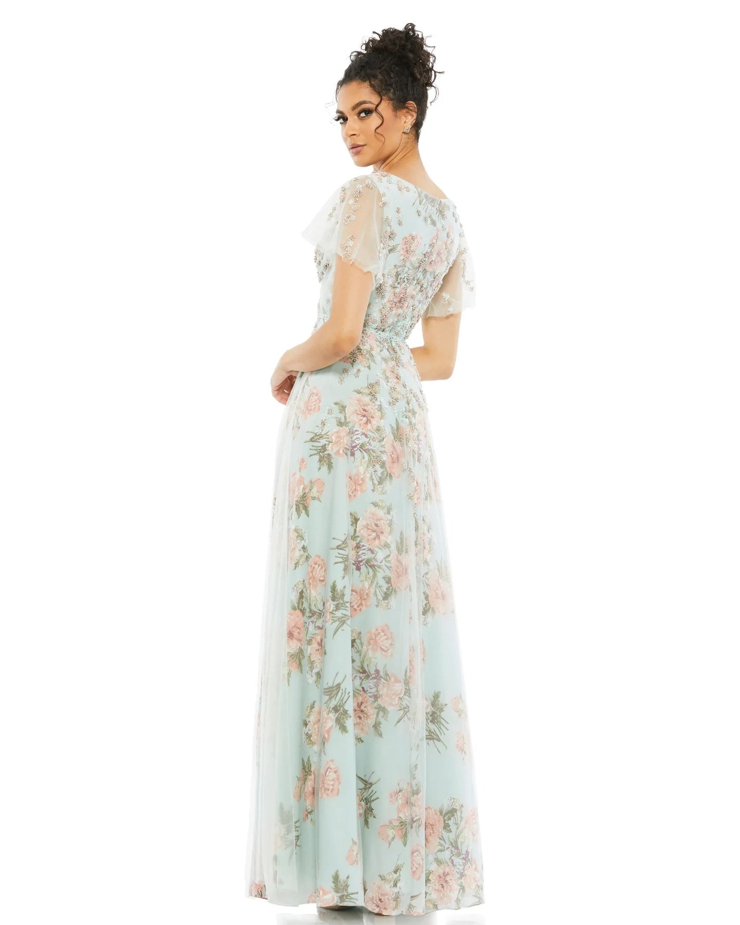 Beaded Floral Flutter Sleeve Long Dress