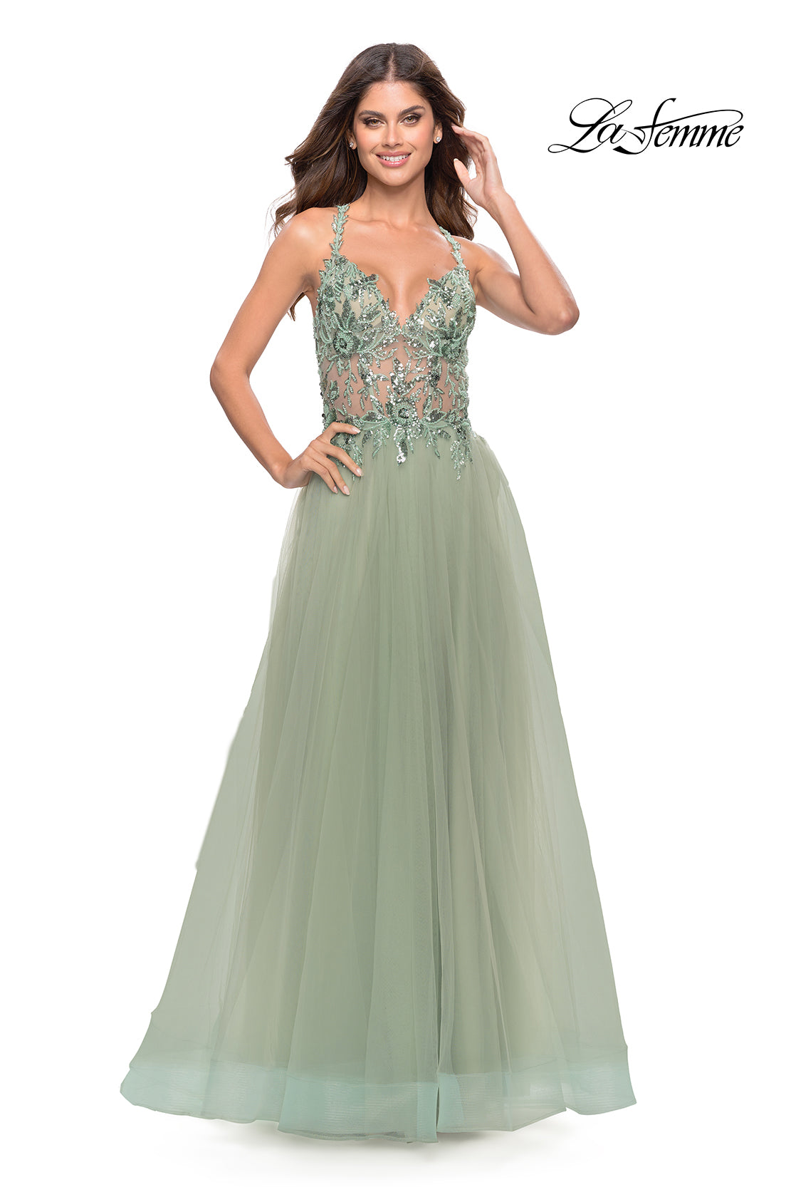 Beaded Lace Applique Illusion Gown