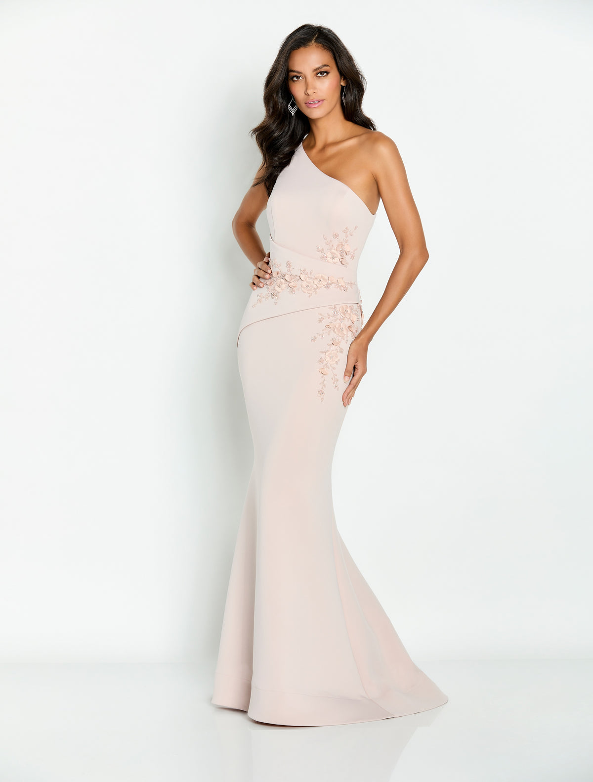 Cascading Beaded 3D Flower One Shoulder Gown