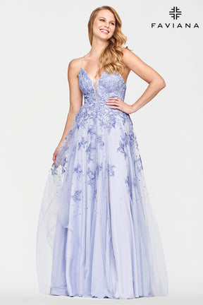 Cascading Embroidered Gown With Stone Accents