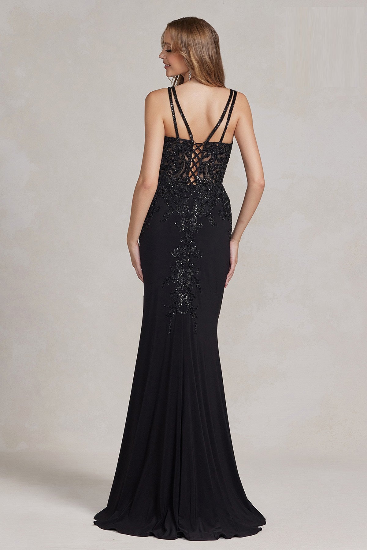 Double Strap Beaded High Slit Gown