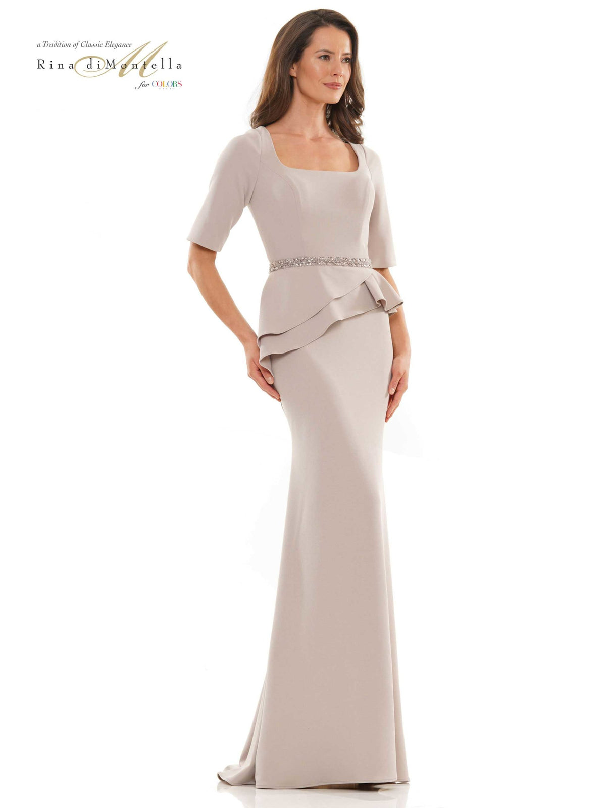 Embellished Peplum Stretch Crepe Gown