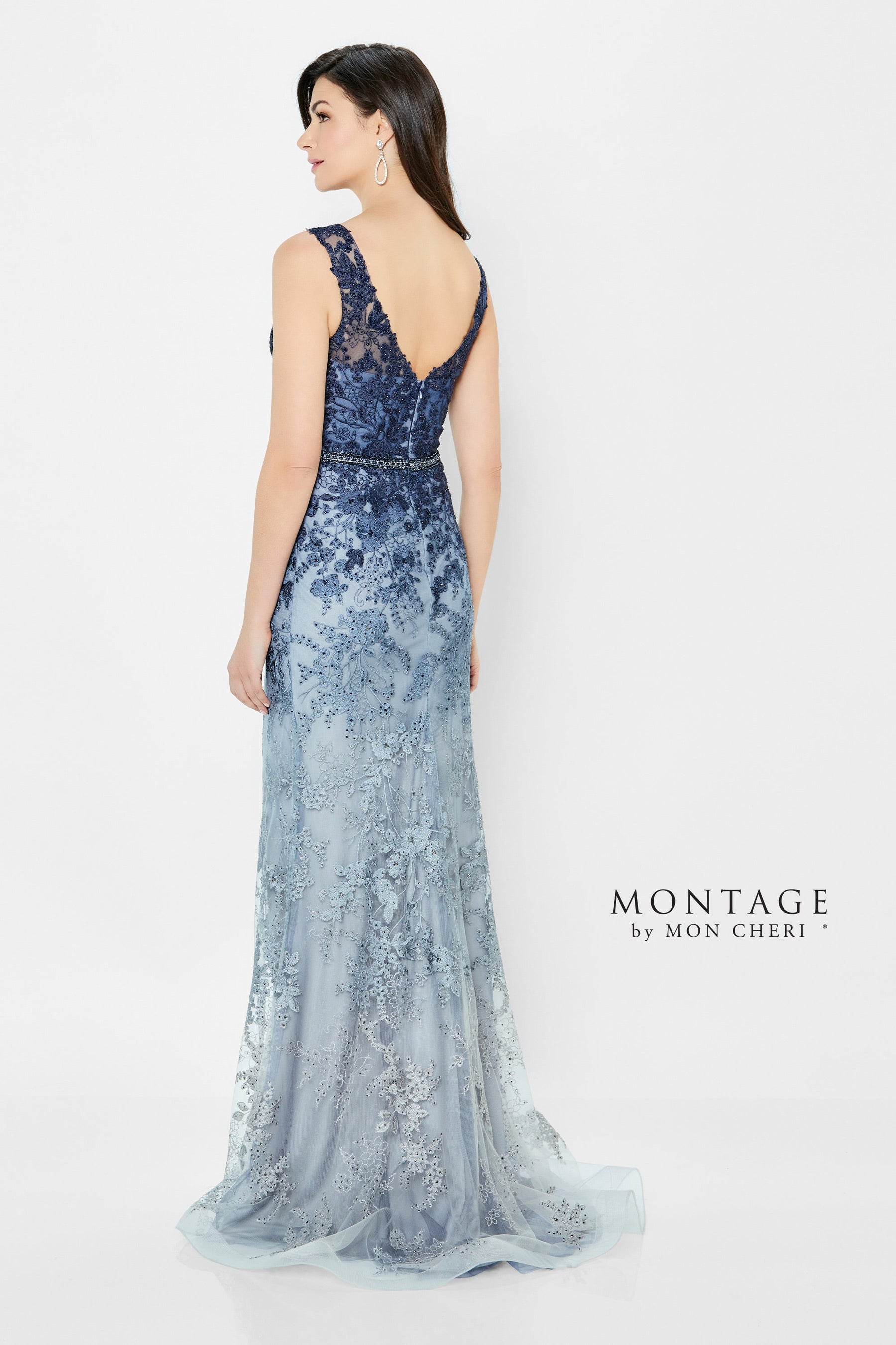 Embroidered Ombre Gown With Jeweled Belt