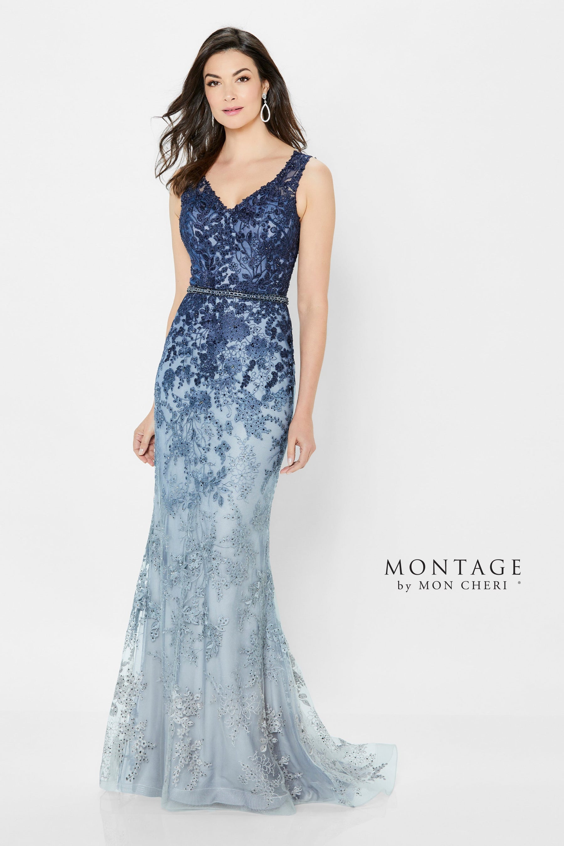 Embroidered Ombre Gown With Jeweled Belt