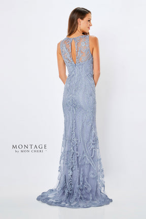 Embroidered Ribbon Gown with Illusion V-Neckline