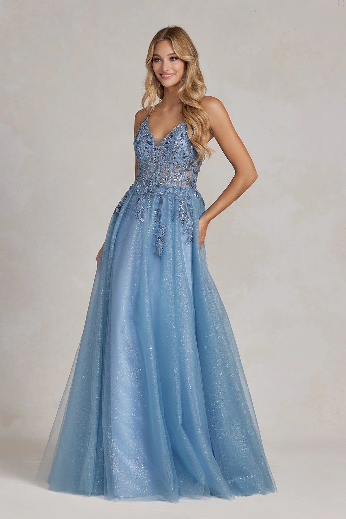 Embroidered Shimmer Tulle Gown