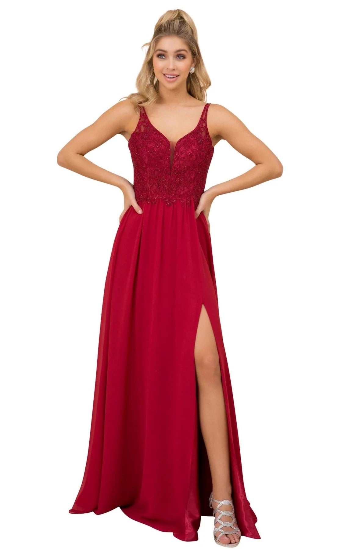 Embroidered V-Neck Chiffon Gown With Front Slit