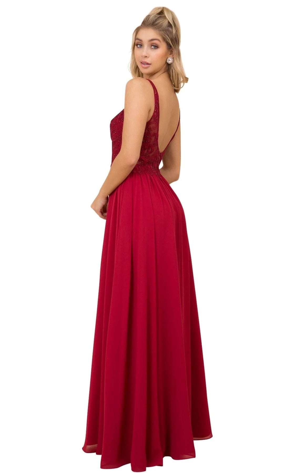 Embroidered V-Neck Chiffon Gown With Front Slit