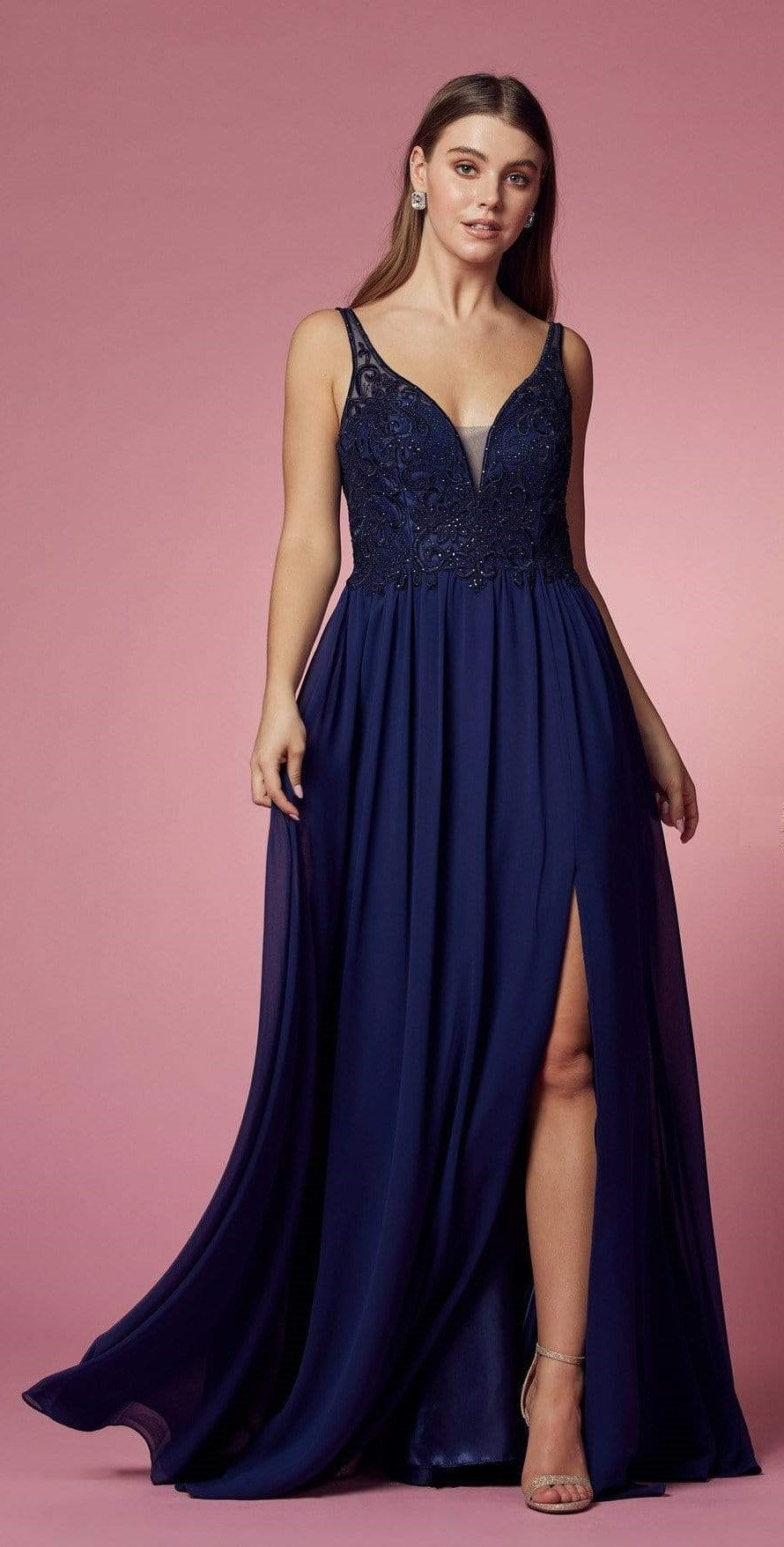 Embroidered V-Neck Chiffon Gown With Front Slit