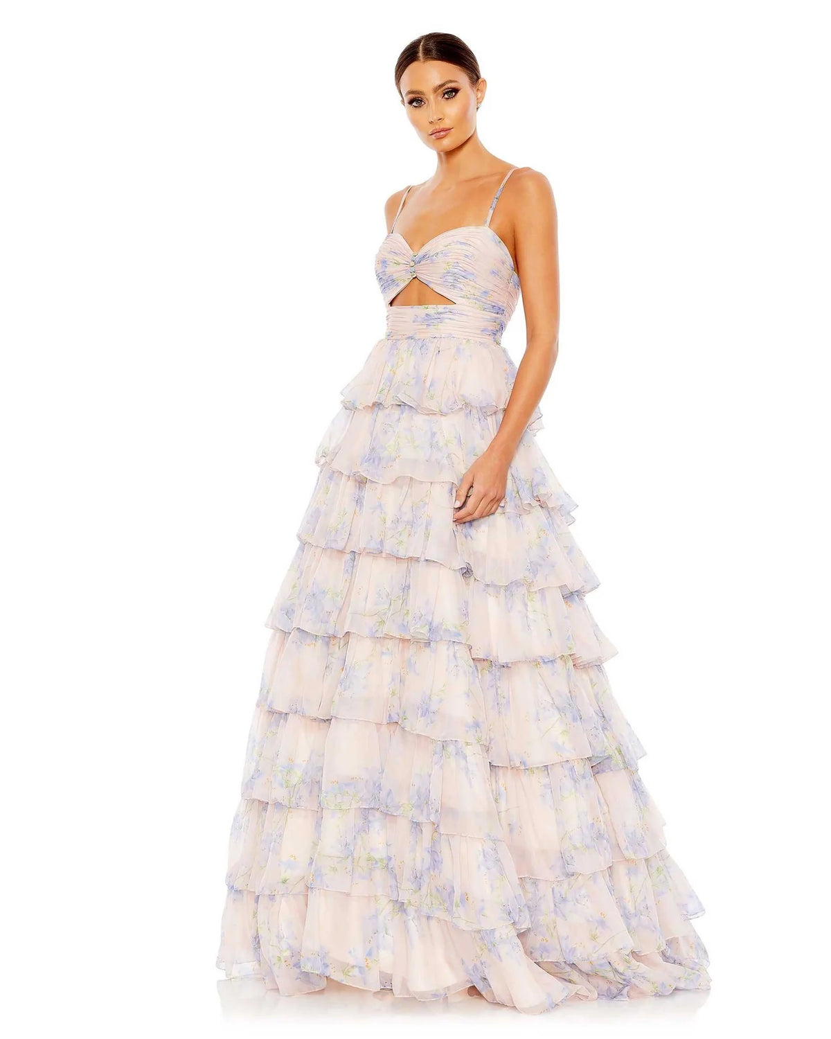 Floral Cut Out Tiered Ruffle Gown