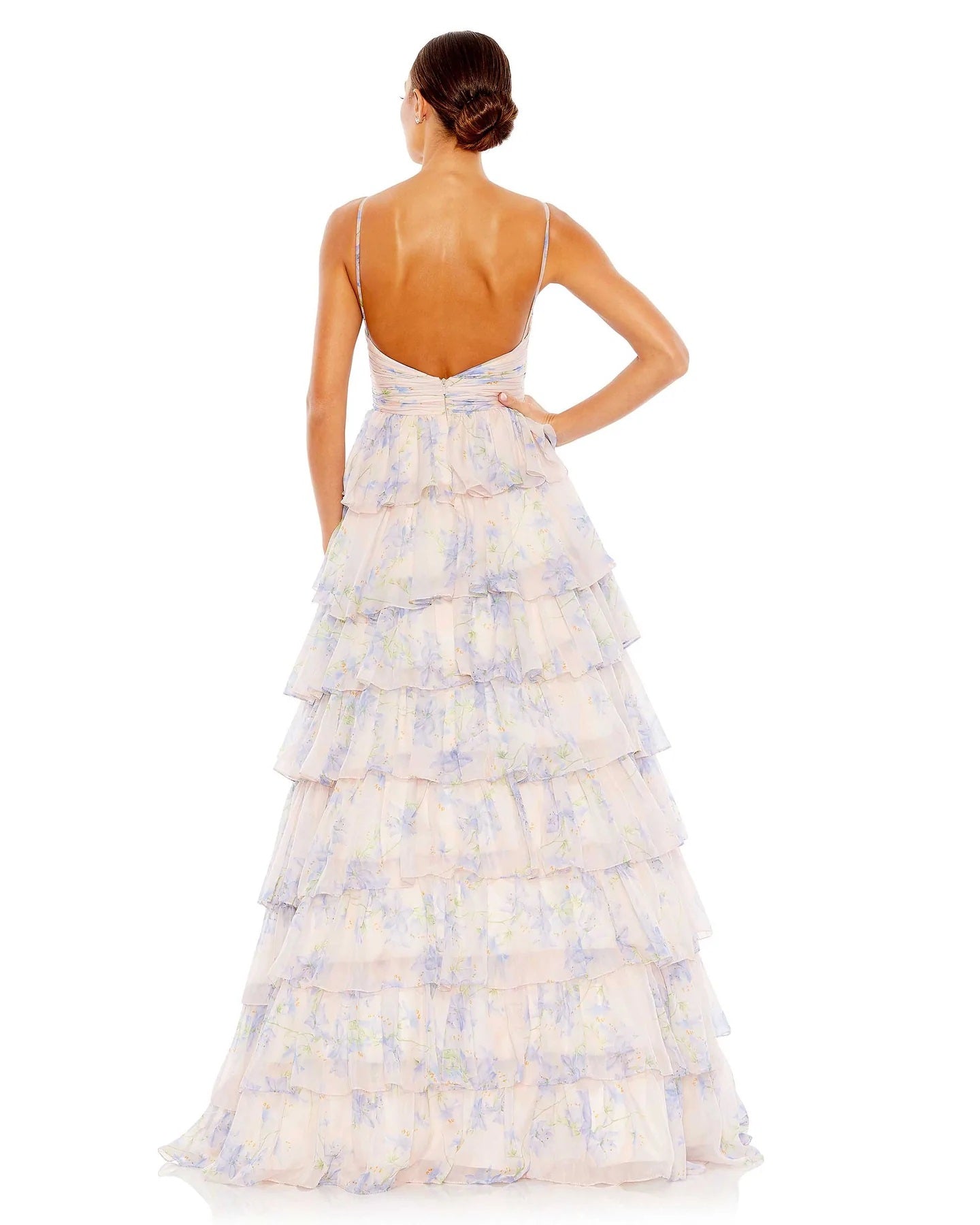 Floral Cut Out Tiered Ruffle Gown