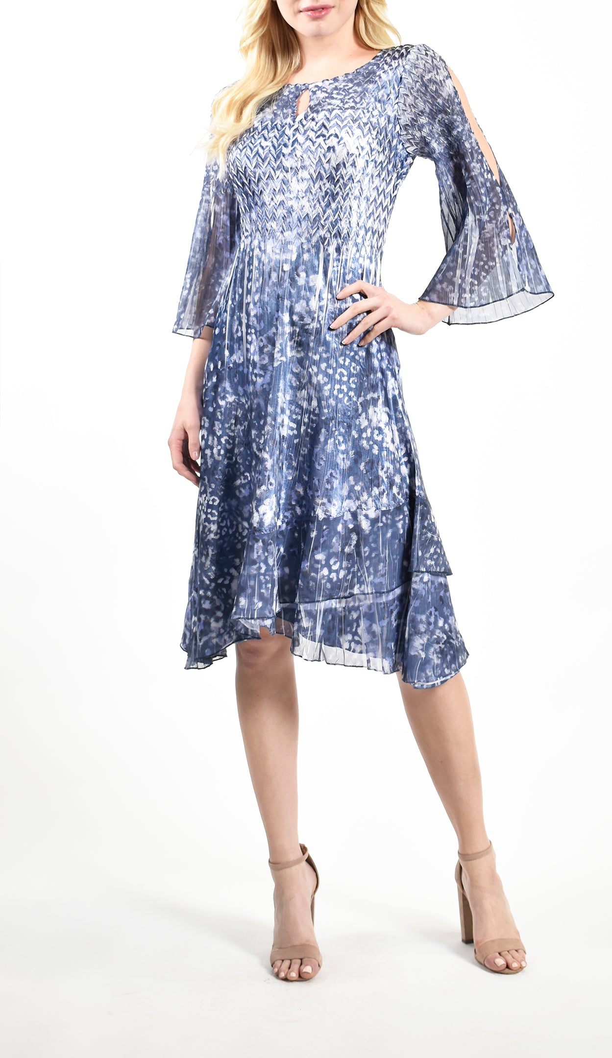 Indigo Cheetah Slit Shoulder Chiffon Dress