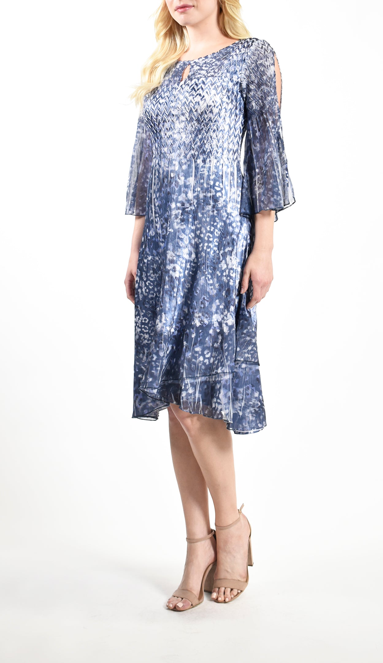 Indigo Cheetah Slit Shoulder Chiffon Dress