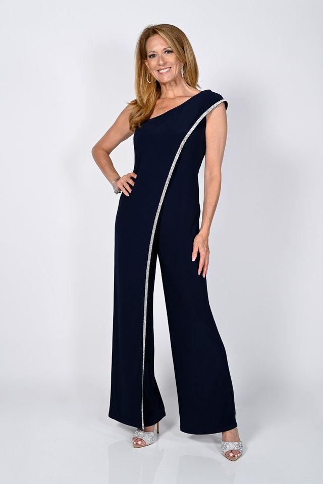 Jewel Trim Asymmetrical One Shoulder Jumpsuit