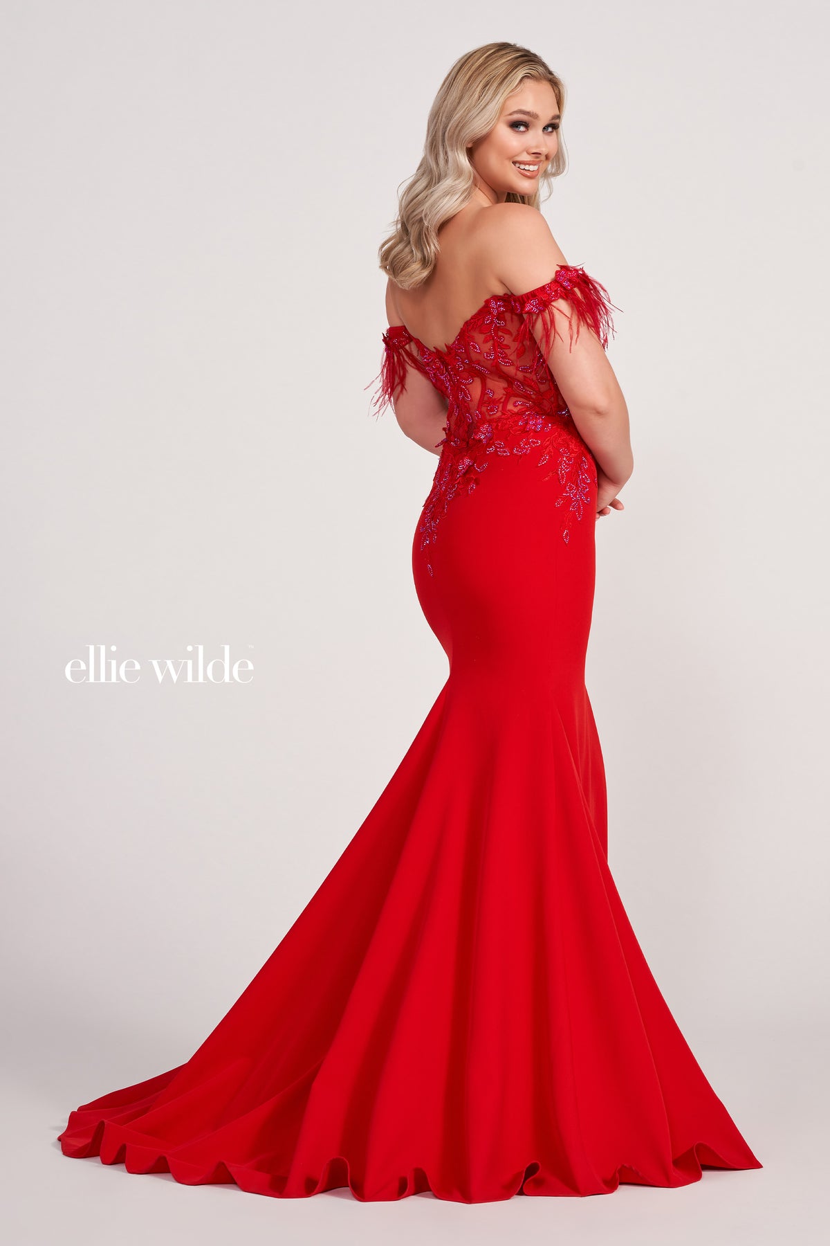 Lace Applique Off Shoulder Gown With Feathers