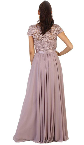 Lace Bodice Cap Sleeve Long Dress