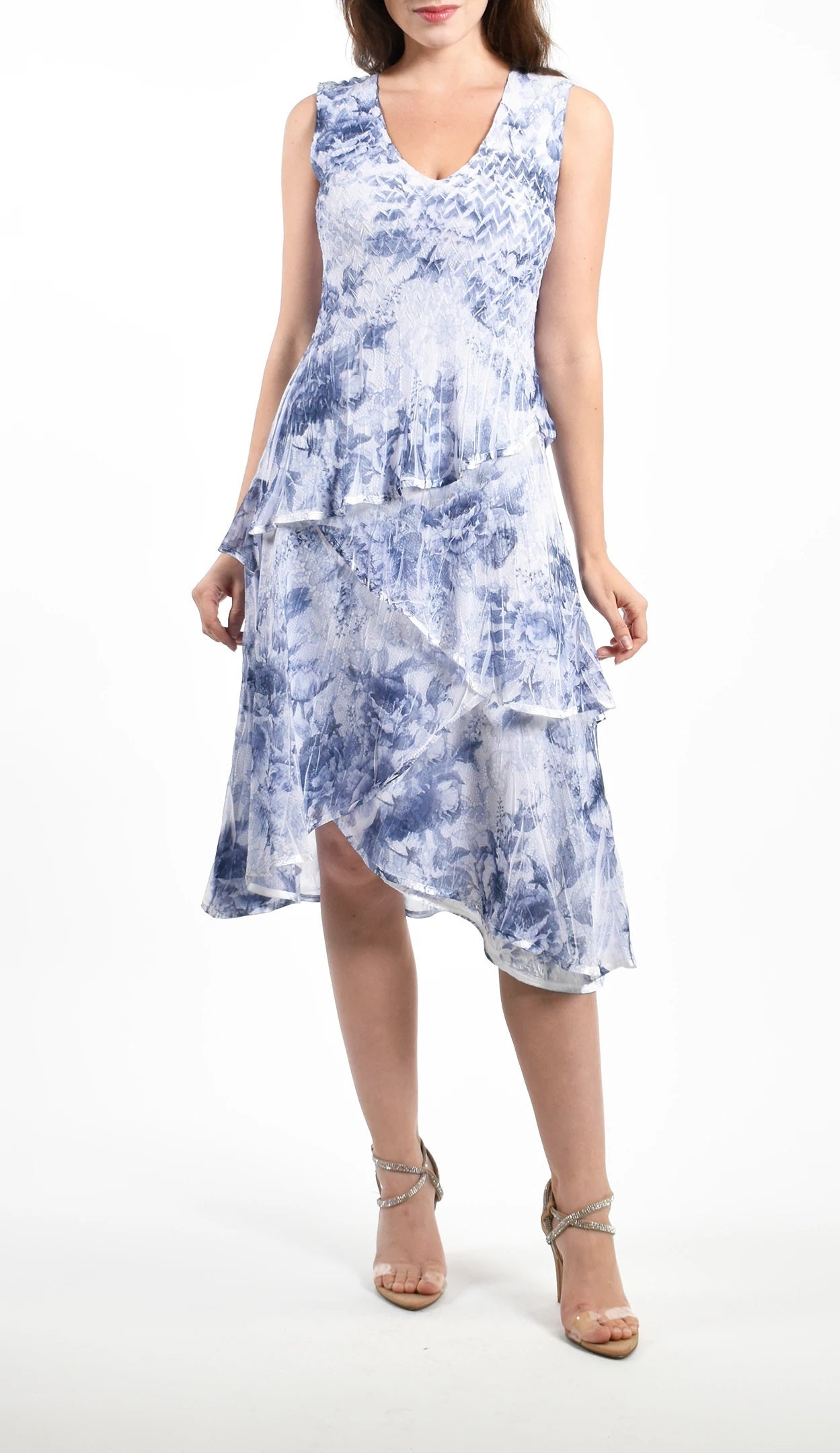 Layered Pleated Chiffon Peony Print Dress