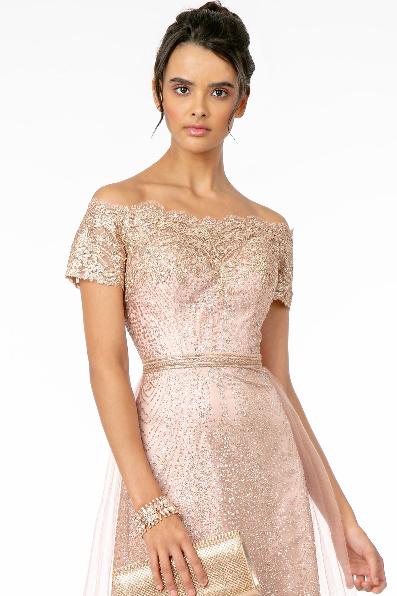 Long Scallop Off Shoulder Glitter Dress