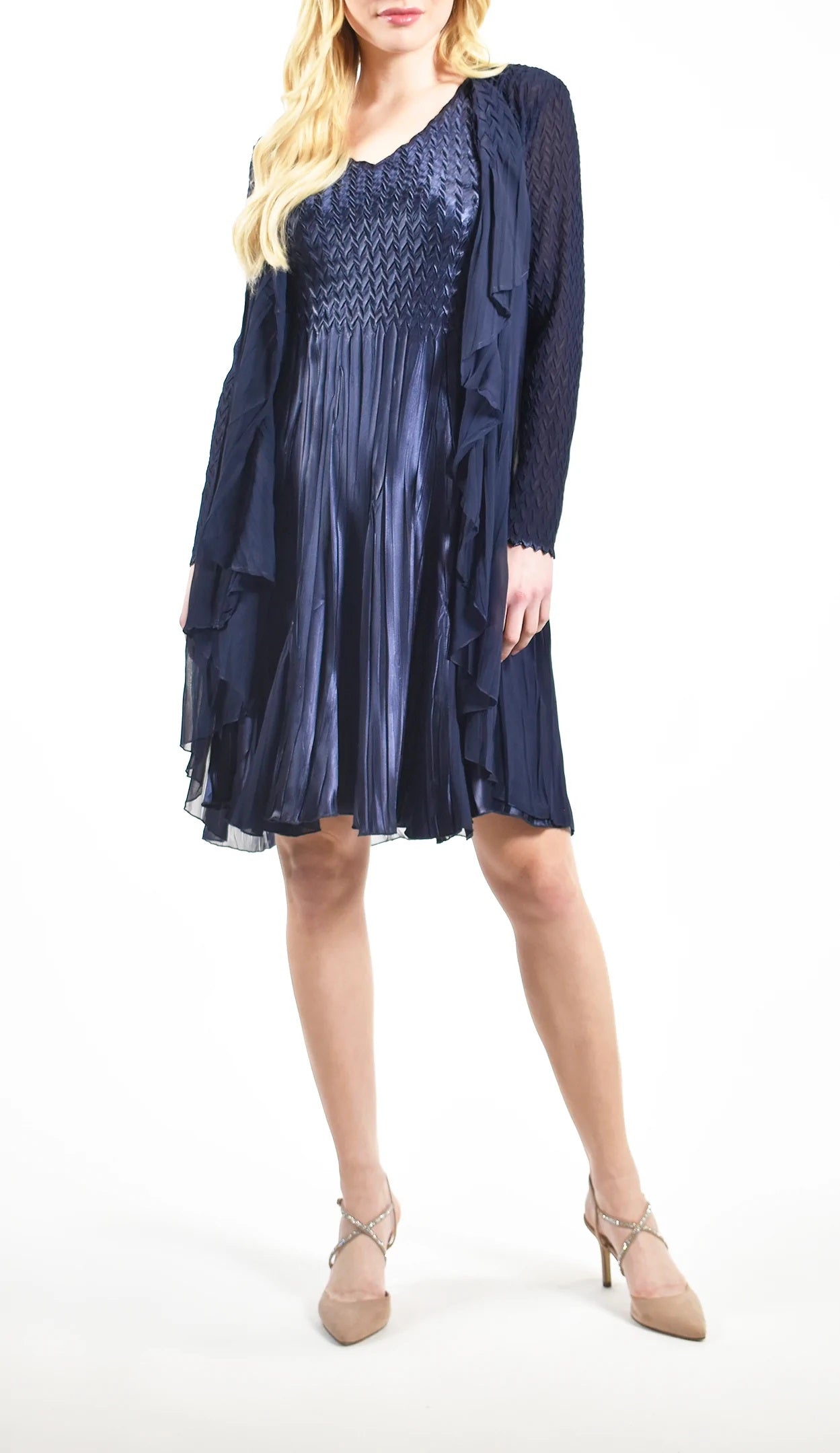 Navy Dress With Double Ruffle Duster Jacket | Lizzy's by Cathy Allan