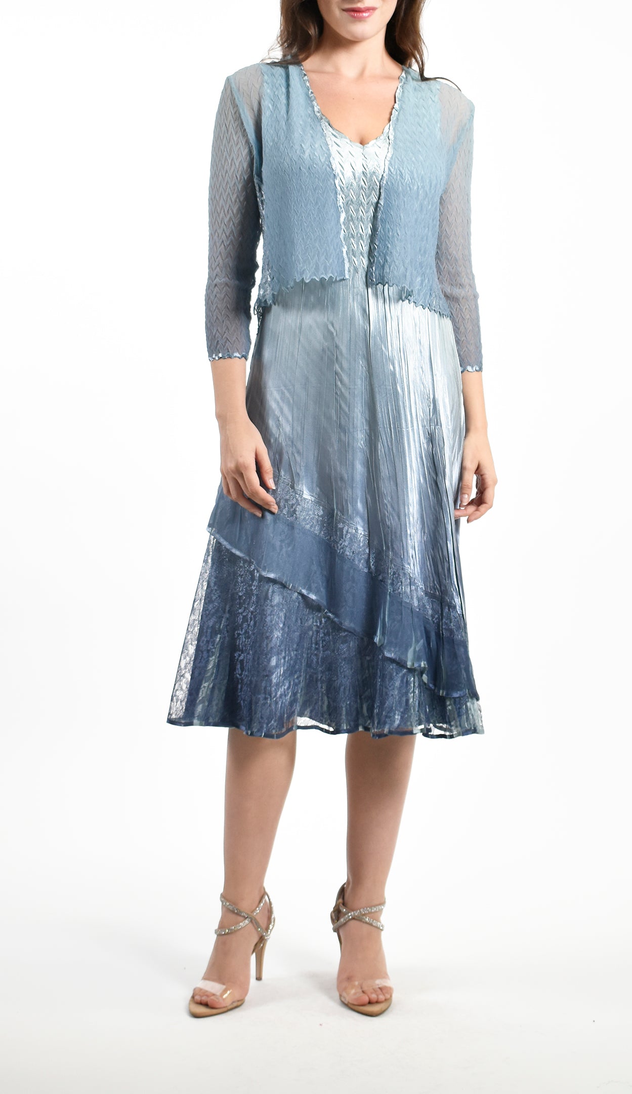 Ocean Blue Ombre Pleated Charmeuse Dress With Jacket