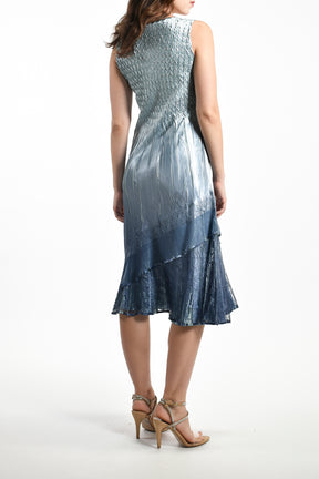 Ocean Blue Ombre Pleated Charmeuse Dress With Jacket