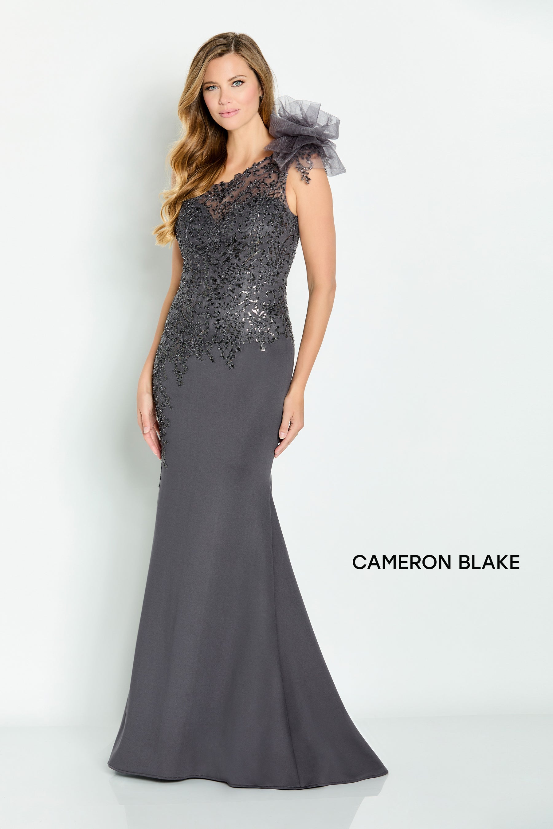 One Shoulder Fit and Flare Bead Embellished Gown