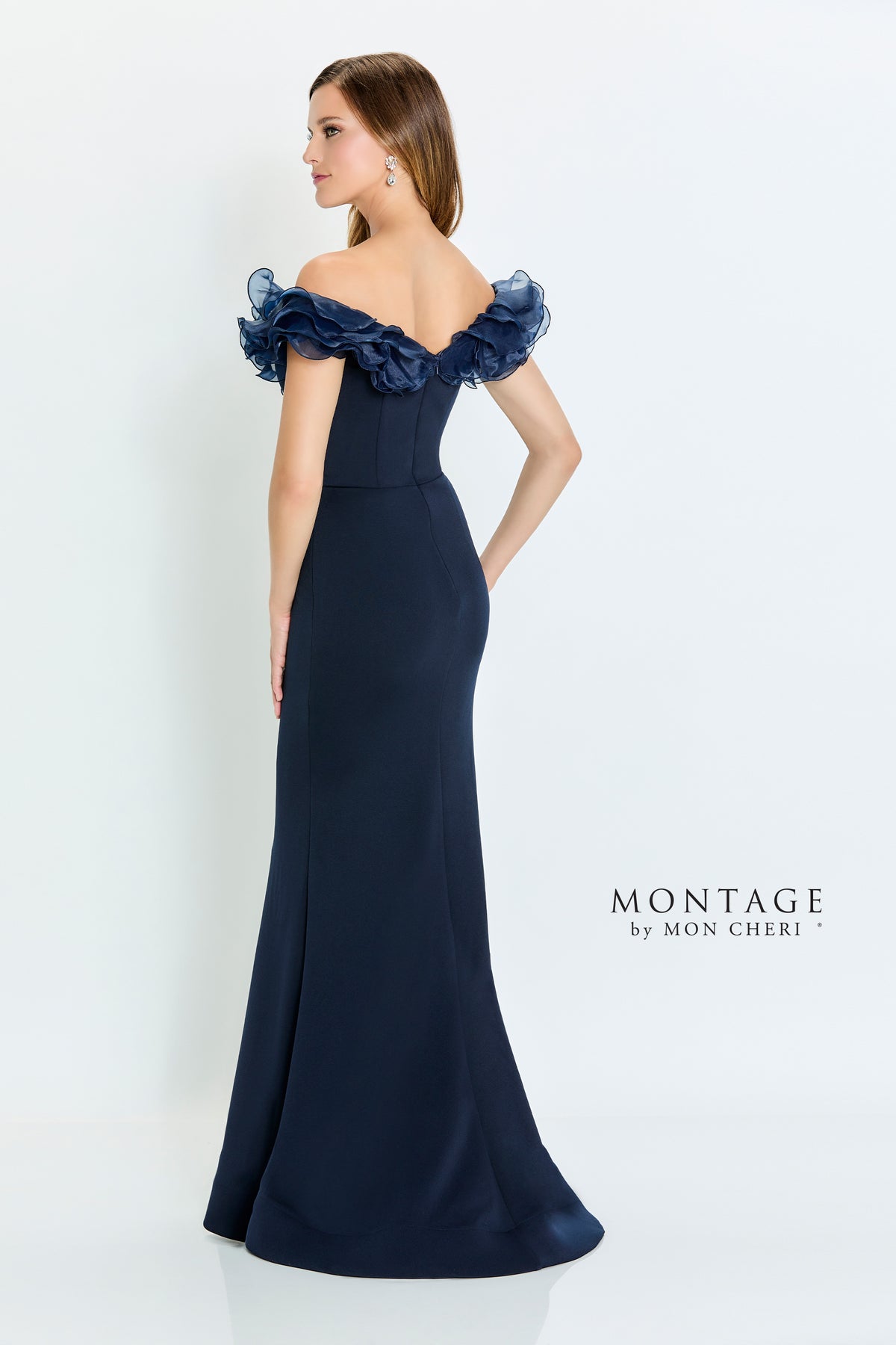 Organza Ruffle Off Shoulder Stretch Crepe Gown