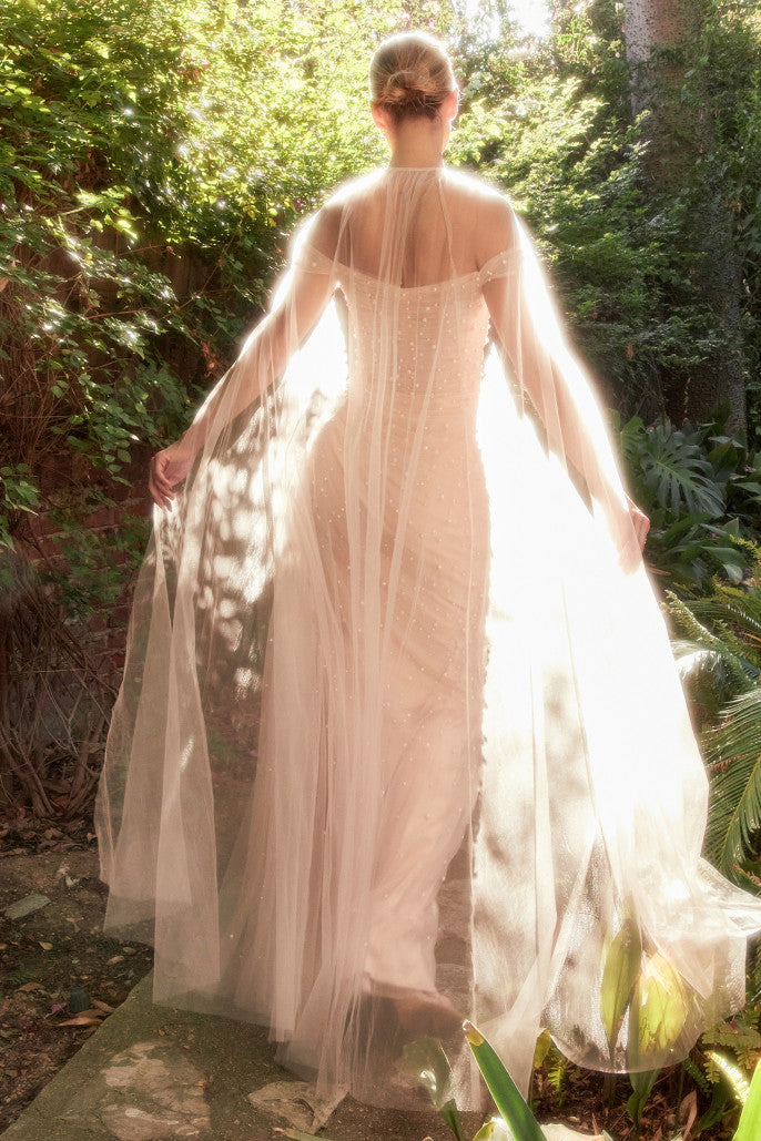 Pearl Pleated Tulle Gown with Cape