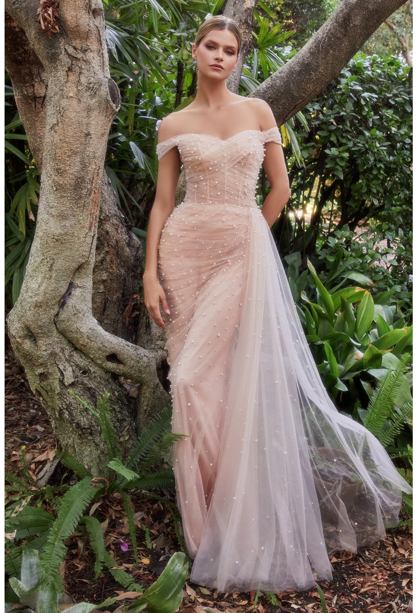 Pearl Pleated Tulle Gown with Cape