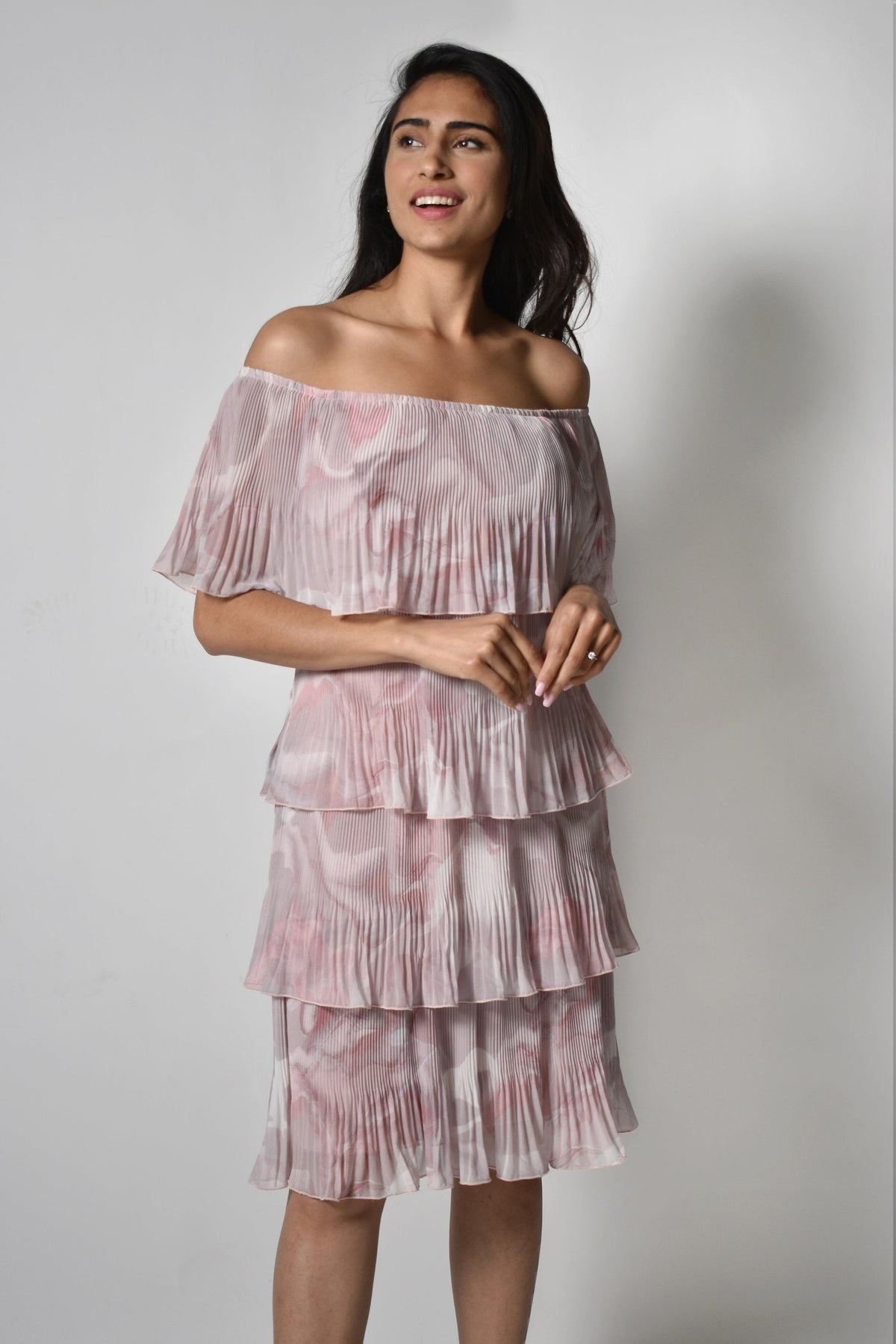 Pleated Off-The-Shoulder Printed Tiered Dress