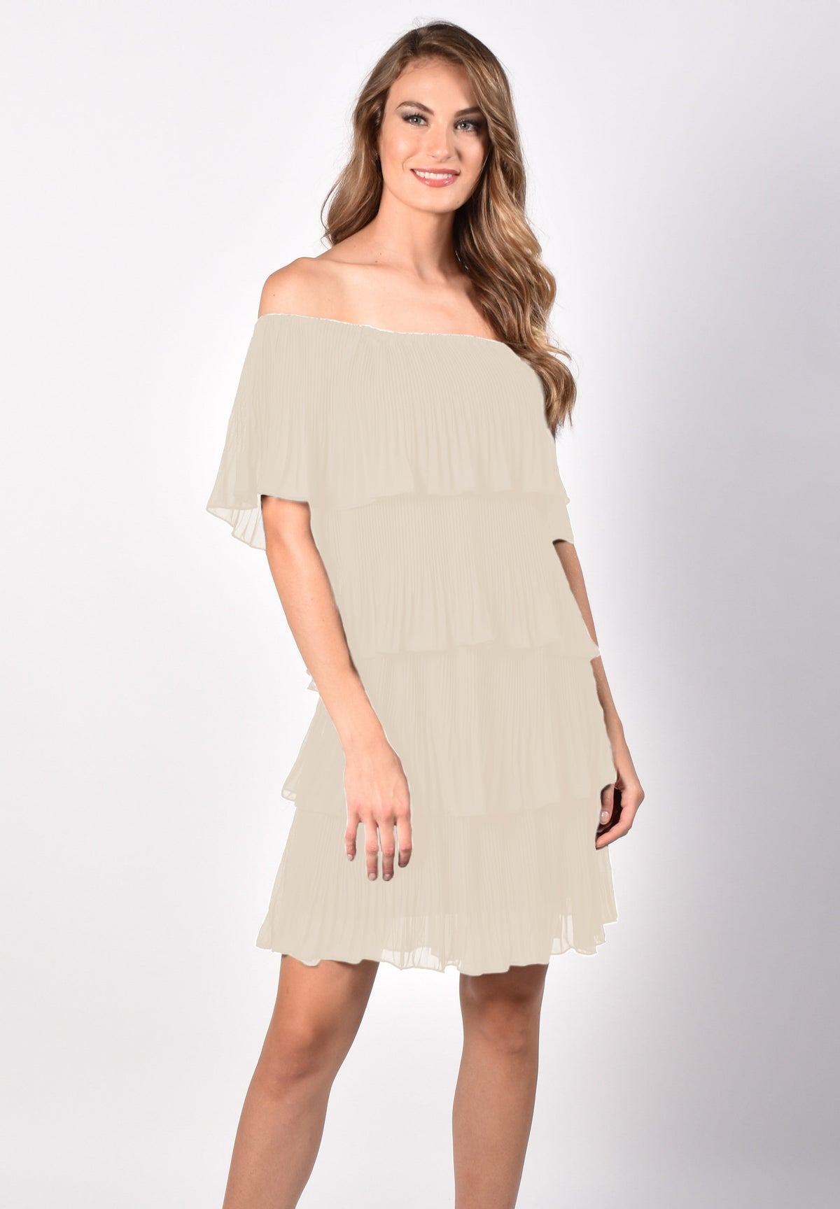 Pleated Off-The-Shoulder Tiered Dress