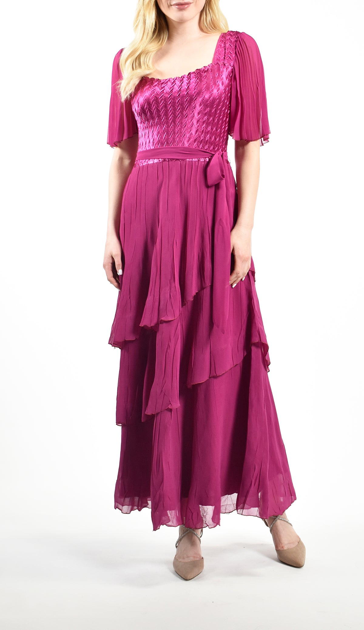 Pleated Sleeve Tiered Chiffon Long Belted Dress
