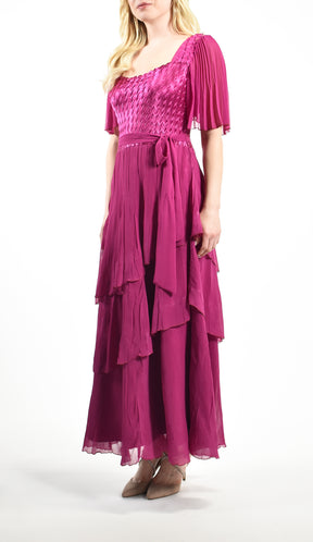 Pleated Sleeve Tiered Chiffon Long Belted Dress