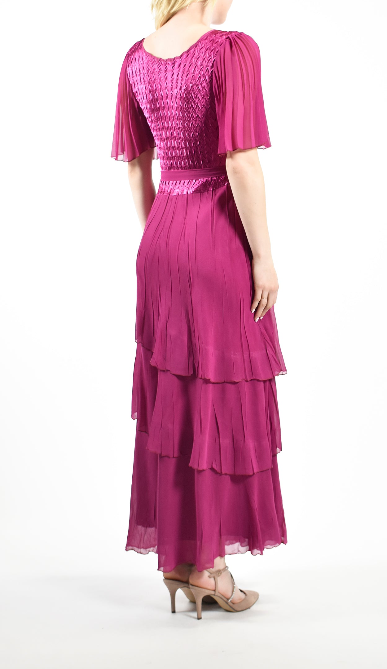 Pleated Sleeve Tiered Chiffon Long Belted Dress