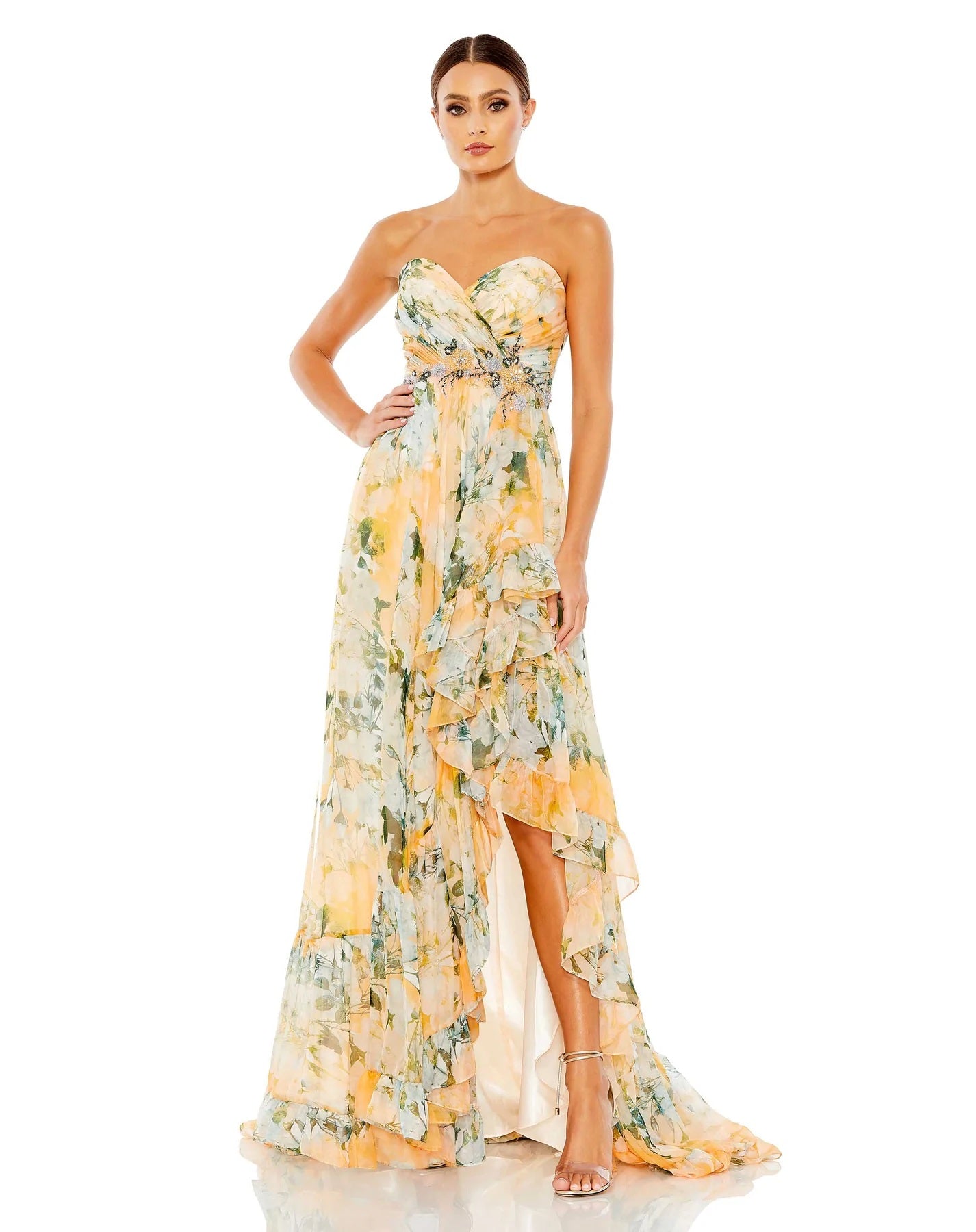 Ruffled Asymmetrical Hem Strapless Gown